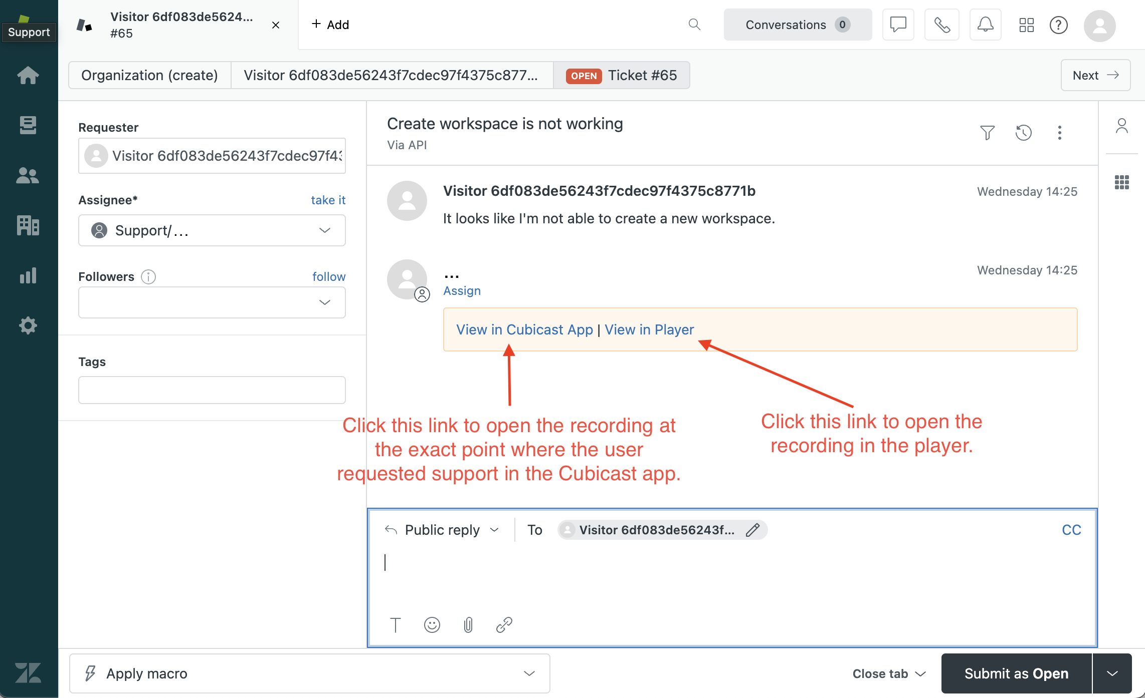 A Zendesk ticket created with the Cubicast integration